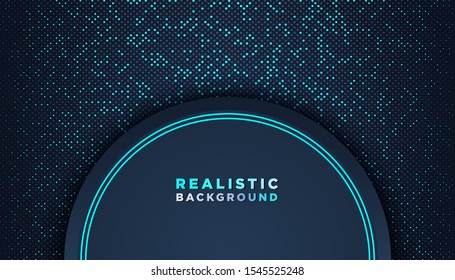 Dark abstract background with black overlap layers. Texture with blue glitters dots element decoration.