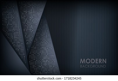 Dark abstract background with black overlap layers. Texture with silver glitters dots element decoration