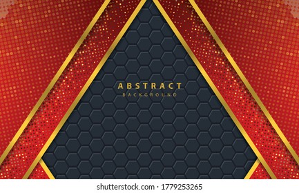 Dark abstract background with black overlap layers. Texture with golden line effect element decoration. Red Background vector.