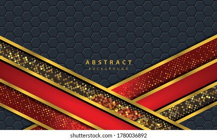 Dark abstract background with black overlap layers. Texture with golden line effect element decoration. Red Background vector.
