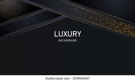 Dark abstract background with black overlap layers. Realistic texture with light effect and golden glitters dots element decoration.