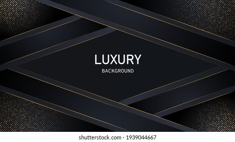 Dark abstract background with black overlap layers. Realistic texture with light effect and golden glitters dots element decoration.