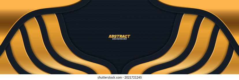 Dark abstract background with black overlap layers. Texture with golden effect element decoration. Luxury design concept.