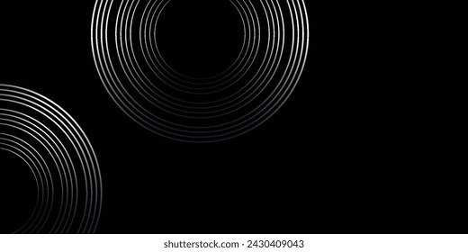 Dark abstract background with blue glowing circle lines. Geometric line art modern design.