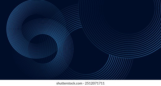 Fondo abstracto oscuro con líneas de círculo brillantes azules. Diseño geométrico del arte de la línea de la raya. Líneas azules brillantes modernas. Concepto de tecnología futurista. Espacio para el texto. Ilustración vectorial