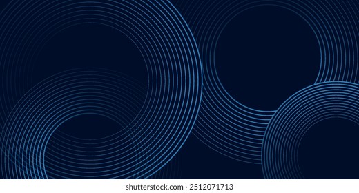 Dark abstract background with blue glowing circle lines. Geometric stripe line art design. Modern shiny blue lines. Futuristic technology concept. Space for your text. Vector illustration