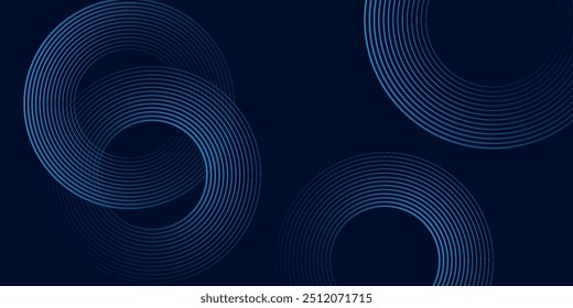 Dark abstract background with blue glowing circle lines. Geometric stripe line art design. Modern shiny blue lines. Futuristic technology concept. Space for your text. Vector illustration