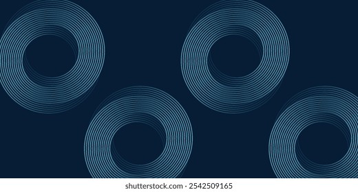 Dunkler abstrakter Hintergrund mit blauen leuchtenden Kreislinien. Geometrisches Streifenlinien-Kunstdesign. Moderne, glänzende blaue Linien. Futuristisches Technologiekonzept