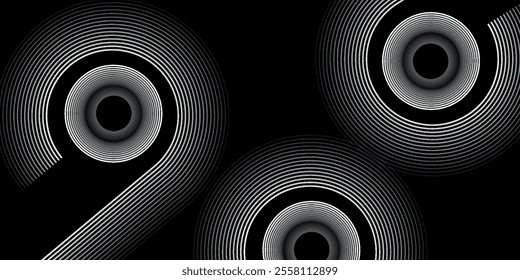 Dark abstract background with blue glowing circle lines. Geometric stripe line art design. Modern shiny blue lines. Futuristic technology concept. Space for