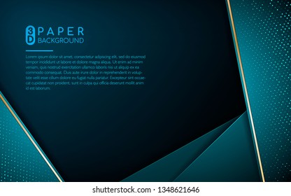 Dark abstract background with blue overlap layers. Texture with golden list and light glitters dots element decoration. Realistic dimension layer. 3D Backdrop.
