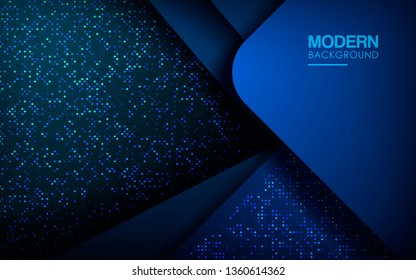 Dark abstract background with blue overlap layers. Modern shape with sparkle light and blue glitters dots element decoration. Realistic dimension design vector illustration.