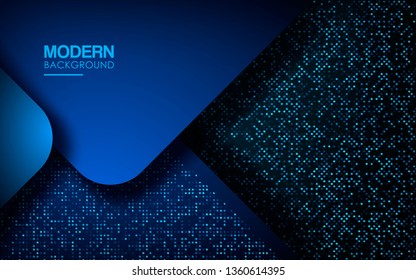 Dark abstract background with blue overlap layers. Modern shape with sparkle light and blue glitters dots element decoration. Realistic dimension design vector illustration.