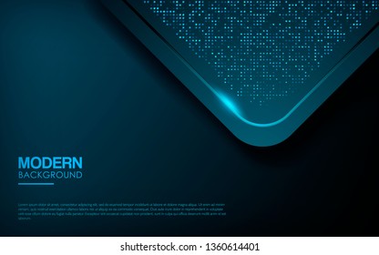 Dark abstract background with blue overlap layers. Modern shape with sparkle light and blue glitters dots element decoration. Realistic dimension design vector illustration.
