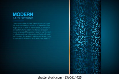 Dark abstract background with blue overlap layers. Modern texture with golden list and blue square glitters dots element decoration. Realistic dimension design vector illustration.