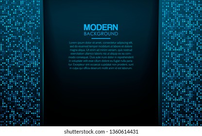 Dark abstract background with blue overlap layers. Modern texture with blue square glitters dots element decoration. Realistic dimension design vector illustration.