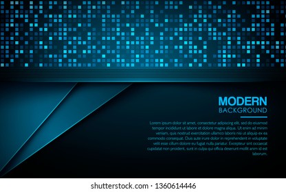 Dark abstract background with blue overlap layers. Modern texture with blue square glitters dots element decoration. Realistic dimension design vector illustration.