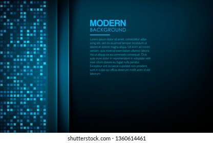 Dark abstract background with blue overlap layers. Modern texture with blue square glitters dots element decoration. Realistic dimension design vector illustration.