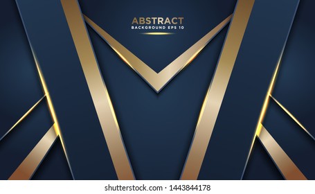 Dark abstract background with dark blue overlap layers. Texture with golden effect element decoration. Luxury design concept.