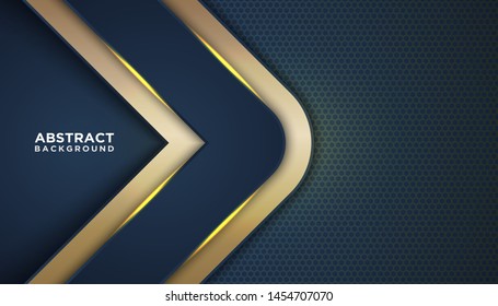 Dark abstract background with dark blue overlap layers. Texture with golden effect element decoration. Luxury design concept.