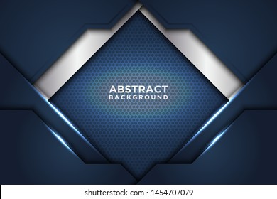 Dark abstract background with dark blue overlap layers. Texture with metallic effect element decoration. Luxury design concept.