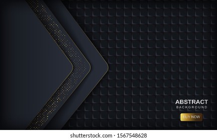 Dark abstract background with blue overlap layers. Texture with golden glitters dots element and square geometric pattern. Vector illustration.