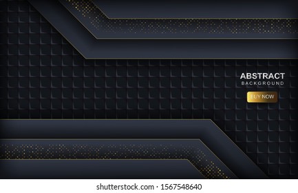 Dark abstract background with blue overlap layers. Texture with golden glitters dots element and square geometric pattern. Vector illustration.