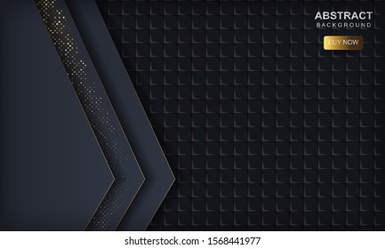 Dark abstract background with blue overlap layers. Texture with golden glitters dots element and square geometric pattern. Vector illustration.