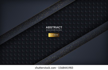 Dark abstract background with blue overlap layers. Texture with golden glitters dots element and square geometric pattern. Vector illustration.