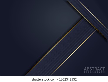 Dark abstract background with dark blue overlap layers and gold lines. Vector illustration