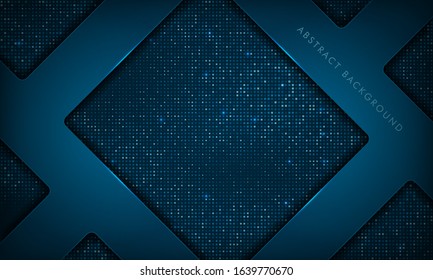 Dark abstract background with blue overlap layers. Modern technology background with sparkle lights and blue square glitters dots element. 3d futuristic concept.