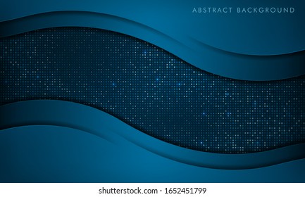 Dunkler abstrakter Hintergrund mit blauer Papierschneidschicht. Moderner technologischer Hintergrund mit glänzenden Lichtern und blauen quadratischen Glitters-Punkteelementen. 3d futuristisches Konzept.