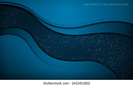 Dark abstract background with blue paper cut layer. Modern technology background with sparkle lights and blue square glitters dots element. 3d futuristic concept.