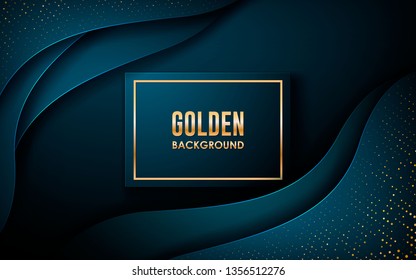 Dark abstract background with blue wave overlap layers. Realistic dimension rectangle shape with golden glitters dots element decoration. 3D Backdrop.