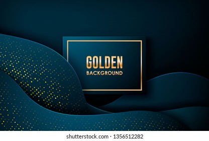 Dark abstract background with blue wave overlap layers. Realistic dimension rectangle shape with golden glitters dots element decoration. 3D Backdrop.
