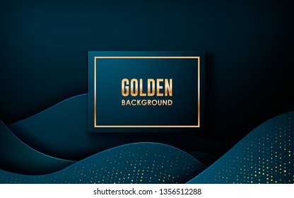 Dark abstract background with blue wave overlap layers. Realistic dimension rectangle shape with golden glitters dots element decoration. 3D Backdrop.