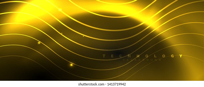 Fondo abstracto oscuro con luces de neón de color brillante y líneas. Fondo brillante, plantilla de tecnología vector futurista