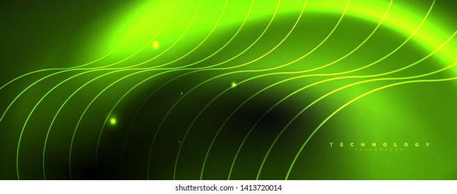Fundo abstrato escuro com luzes de néon de cores brilhantes e linhas. Plano de fundo brilhante, vetor futurista techno template
