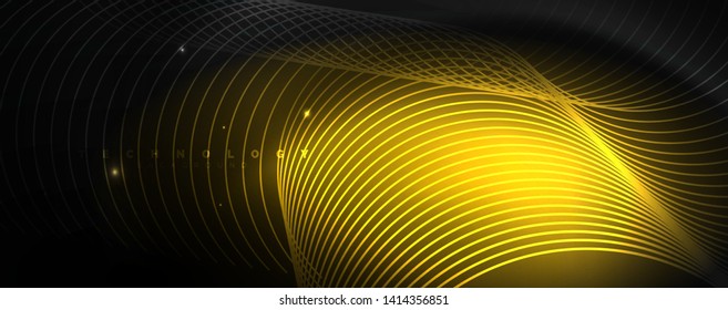 Dark abstract background with bright color neon lights and lines. Glowing background, vector futuristic techno template
