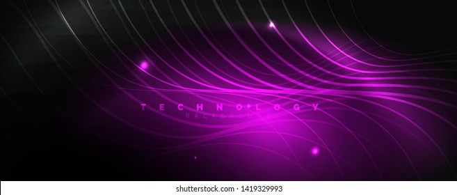 Dark abstract background with bright color neon lights and lines. Glowing background, vector futuristic techno template
