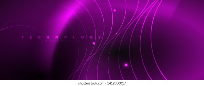 Fundo abstrato escuro com luzes de néon de cores brilhantes e linhas. Plano de fundo brilhante, vetor futurista techno template