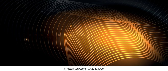 Dark abstract background with bright color neon lights and lines. Glowing background, vector futuristic techno template