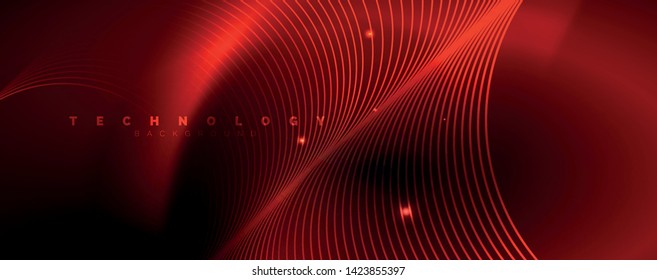 Fondo abstracto oscuro con luces de neón de color brillante y líneas. Fondo brillante, plantilla de tecnología vector futurista