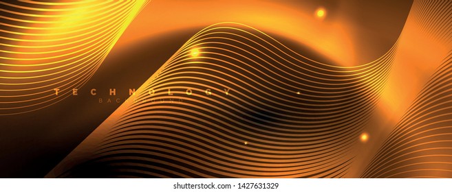 Fondo abstracto oscuro con luces de neón de color brillante y líneas. Fondo brillante, plantilla de tecnología vector futurista