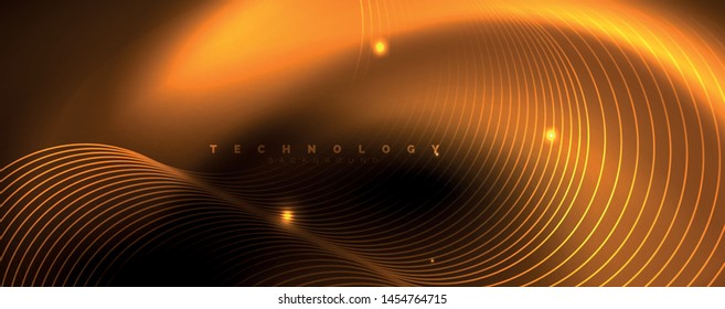 Dark abstract background with bright color neon lights and lines. Glowing background, vector futuristic techno template