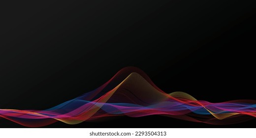 Dark abstract background with bright colorful waves. Shiny moving line design element. Modern blue red purple pink yellow green gradient flowing wave line. Futuristic technology concept.