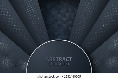 Dark abstract background with circle and black overlap layers. Silver list and silver glitters dots element on hexagon textured background.