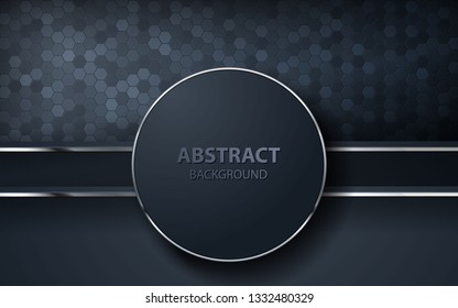 Dark abstract background with circle and black overlap layers. Silver list and silver glitters dots element on hexagon textured background.