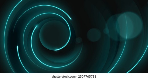 Dark abstract background with circular neon light glow flare line and bokeh effect. futuristic energy sphere with round sparkle. Realistic 3d vector black bg with turquoise luminous motion spiral.