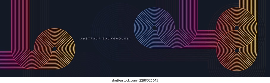 Dark abstract background with colorful geometric lines. Retro style. Geometric stripe line art design. Modern gradient geometric pattern. Horizontal banner template. Vector illustration