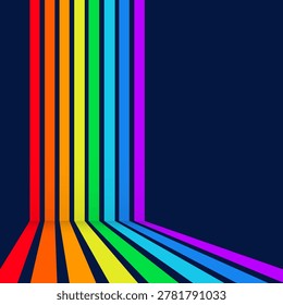 Dark abstract background with colorful rainbow stripes bending through a corner perspective